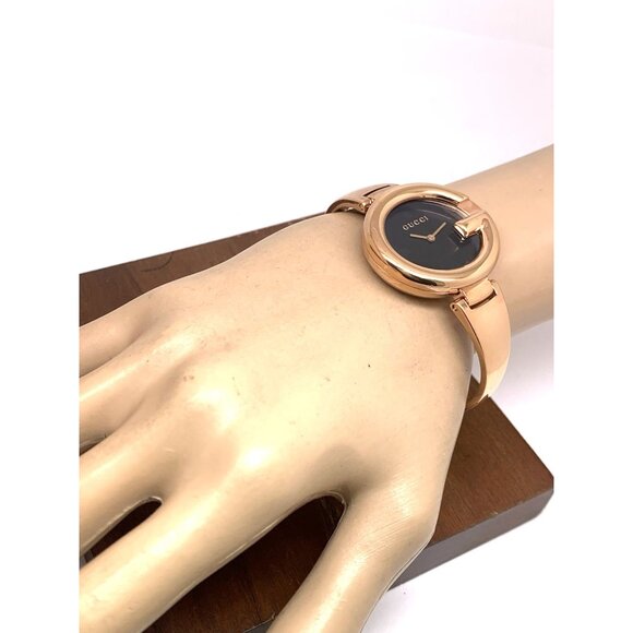 Gucci Women\'s Watch YA134509 Guccissima Swiss Quartz Rose Gold Black Dial 36mm